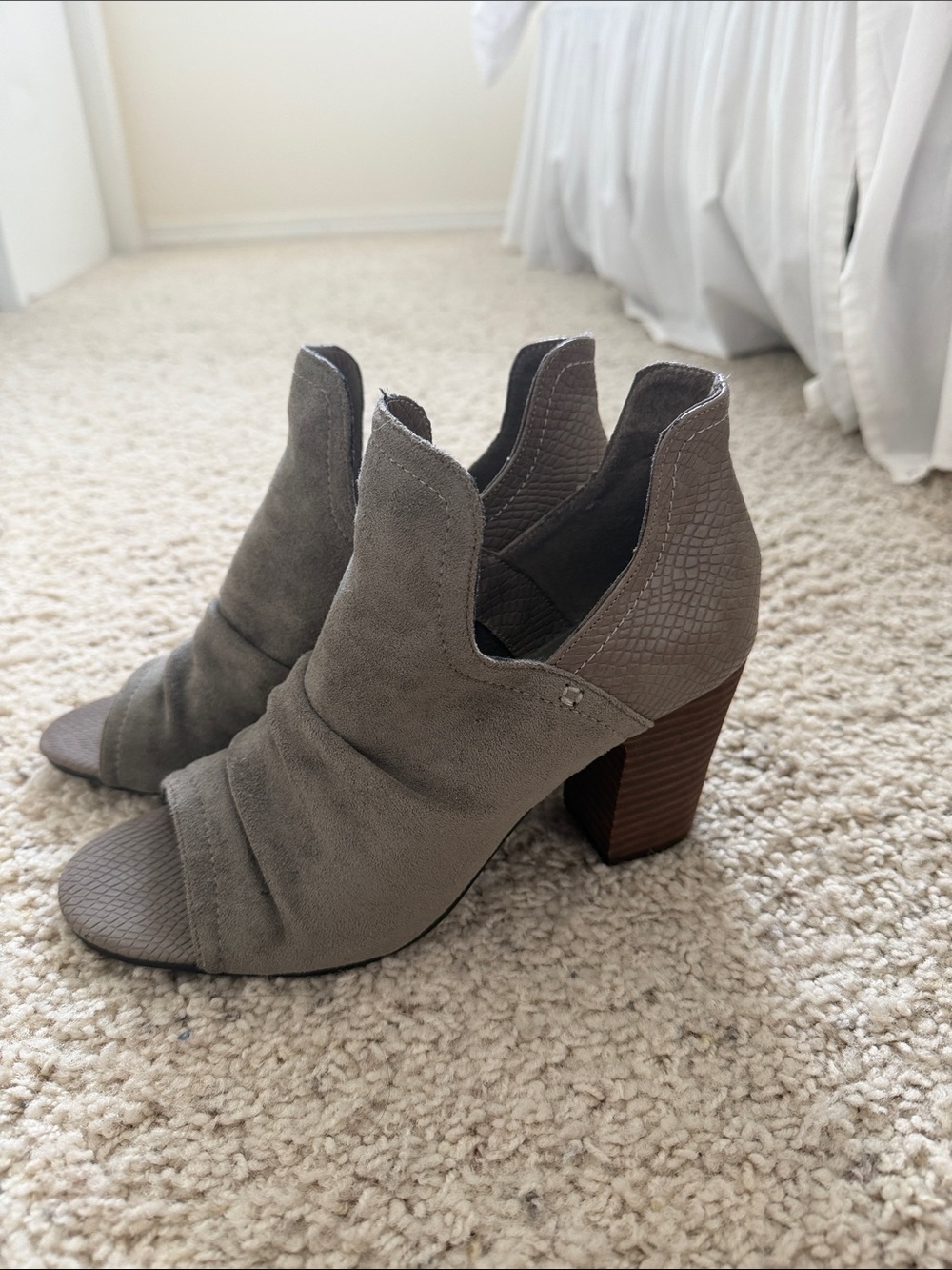 Madeline Taupe Open-Toe Stacked Block Heel Booties
